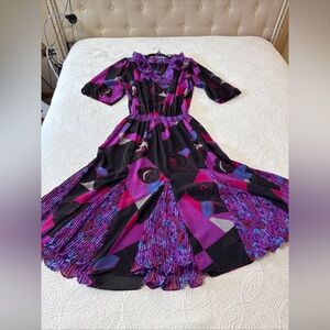 1960s True Vintage Abstracts Rose All Over Print Dress M/L Micropleat Frill Trim
